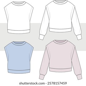 Vector round neck long sleeved top fashion draw illustration, woman girl 2 pieces set t shirt technical drawing, long sleeved sweatshirt flat, template, sketch. blouse with front view, cad, mockup.