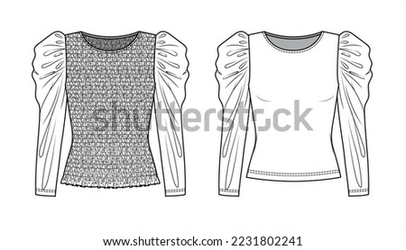 Vector round neck long sleeved top fashion CAD, woman winter t shirt technical drawing, top with smock detail flat, template, sketch. Jersey or woven fabric blouse with front, back view, white color