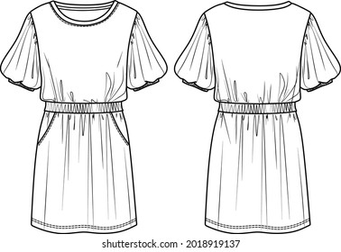 Vector round neck short sleeved dress fashion CAD, relaxed fit mini dress with waistband technical drawing, sketch, template, flat. Jersey or fleece fabric dress with front, back view, white color