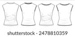 Vector round neck top fashion CAD, woman droped shoulder t shirt  technical drawing, short sleeved top flat, template, sketch. Jersey or woven fabric 4 pieces blouse with front, back view, white color