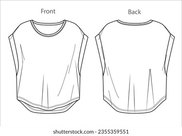 Vector round neck top fashion CAD, woman droped shoulder t shirt  technical drawing, short sleeved top flat, template, sketch. Jersey or woven fabric blouse with front, back view, white color