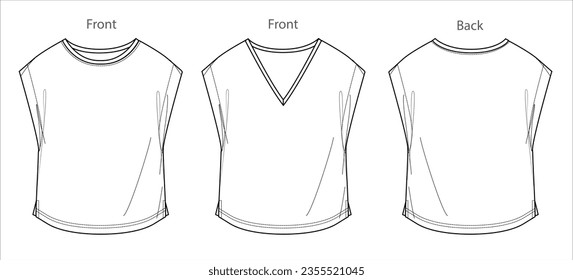 Vector round neck top fashion CAD, woman droped shoulder t shirt  technical drawing, short sleeved top flat, template, sketch. Jersey or woven fabric 2 pieces blouse with front, back view, white color