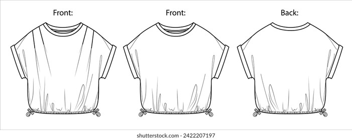 Vector de la moda de la parte superior del cuello redondo CAD, mujer 2 pcs set t shirt dibujo técnico, tee de manga corta con acopio plano, plantilla, boceto. Blusa de tela en Jersey o trenzada con vista frontal, trasera, color blanco