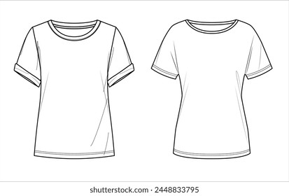 Vector round neck top fashion CAD, woman 2 peaces set t shirt  technical drawing, short sleeved top with frills flat, template, sketch. Jersey or woven fabric blouse with front, back view, white color