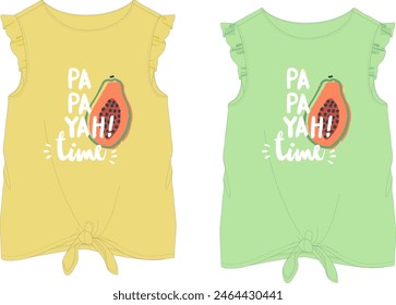 Vector round neck top fashion CAD, woman 2 peaces set t shirt technical drawing, short sleeved top with frills flat, template, sketch. Jersey or woven fabric