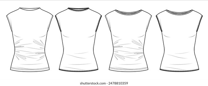 Vector round neck top fashion CAD, woman droped shoulder t shirt  technical drawing, short sleeved top flat, template, sketch. Jersey or woven fabric 4 pieces blouse with front, back view, white color