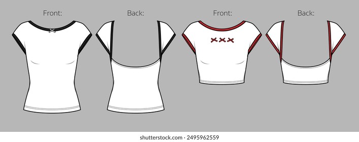 Vector de cuello redondo de moda CAD, mujer hombro caído camiseta dibujo técnico, manga corta superior plana, Plantilla, boceto. Jersey o tela tejida 2 piezas camiseta con vista frontal, trasera, color blanco