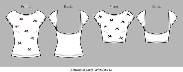 Vector de cuello redondo de moda CAD, mujer hombro caído camiseta dibujo técnico, manga corta superior plana, Plantilla, boceto. Jersey o tela tejida 2 piezas camiseta con vista frontal, trasera, color blanco