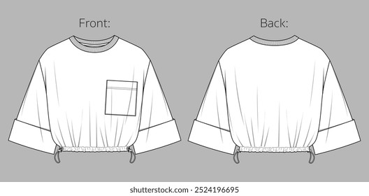 Vector de cuello redondo de moda CAD, mujer corta camiseta técnica dibujo, camiseta de manga corta con la reunión plana, Plantilla, boceto. Blusa de jersey o tejido con vista frontal, trasera, color blanco