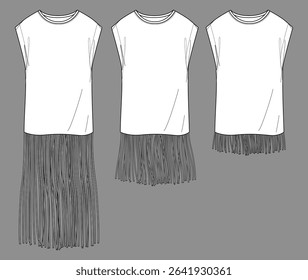 Vector round neck top fashion CAD, woman t shirt dress set technical drawing, short sleeved tee with fringe flat, template, sketch. Jersey or woven fabric mini dress with front view, white color