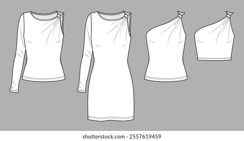 Vector round neck t-shirt with knot at front fashion CAD,  tie detailed long sleeve woman top technical drawing, template, sketch. Jersey or woven fabric dress, blouse set with front view, white color