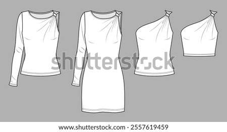 Vector round neck t-shirt with knot at front fashion CAD,  tie detailed long sleeve woman top technical drawing, template, sketch. Jersey or woven fabric dress, blouse set with front view, white color