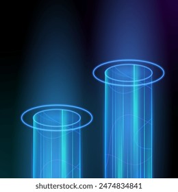 Vector round neon hologram portal with glowing light effect, pedestal with light effect