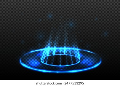 Vector round neon hologram portal with glowing light effect, pedestal with light effect