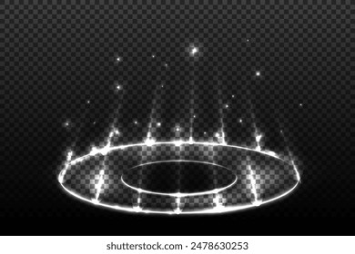 Vector round neon hologram portal with glowing light effect, pedestal with light effect