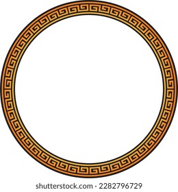 Vector round orange and black classic frame. Greek meander. Patterns of Greece and ancient Rome. Circle european border