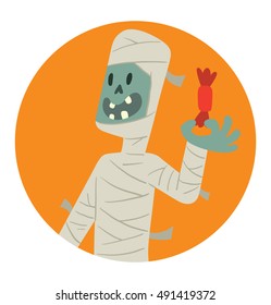 Vector round orange frame with cartoon image of funny mummy in white bandages standing with a red candy in hand in the center on a white background. Halloween. Vector illustration.