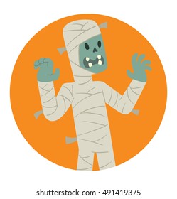 Vector round orange frame with cartoon image of funny mummy in white bandages standing and frightening someone in the center on a white background. Halloween. Vector illustration.