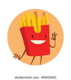 Vector round orange frame with cartoon image of a funny red paper box with yellow french fries on a white background. Snack, lunch, street food. Vector illustration. French fries.