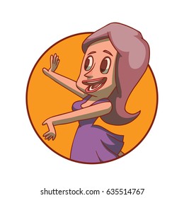 Vector round orange frame with cartoon image of a funny woman with wavy purple hair in a lilac dress presenting something on a white background. Business, businessman, sale, shop.