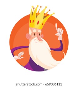 Vector round orange frame with cartoon image of a funny old little king with a gray hair and long beard in a purple royal robe with a big golden crown on his head smiling on a white background.