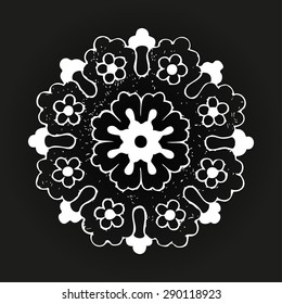 Vector round oriental flower vintage, tribal circle mandala background, lacy arabesque designs. Orient traditional ornament. Oriental motif on black background