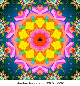 Vector Round Ornament Pattern. Geometric circle element in glod colors. Mandala on blue, orange and pink colors. Spiritual and ritual symbol of Islam, Arabic, Indian religions.