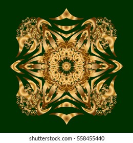 Vector Round Ornament Pattern. Geometric circle element in glod colors. Mandala on green background. Spiritual and ritual symbol of Islam, Arabic, Indian religions.