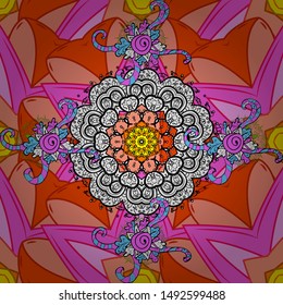 Vector Round Ornament Pattern. Mandala on pink, black and orange colors. Spiritual and ritual symbol of Islam, Arabic, Indian religions. Geometric circle element in glod colors.