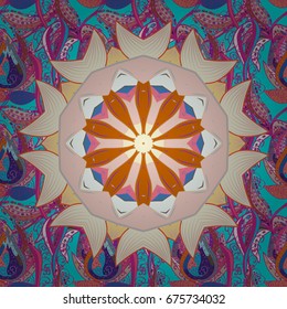 Vector Round Ornament Pattern. Mandala on colorful background. Spiritual and ritual symbol of Islam, Arabic, Indian religions. Geometric circle element in glod colors.