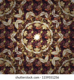 Vector Round Ornament Pattern. Spiritual and ritual symbol of Islam, Arabic, Indian religions. Mandala on brown, black and white colors. Geometric circle element in glod colors.
