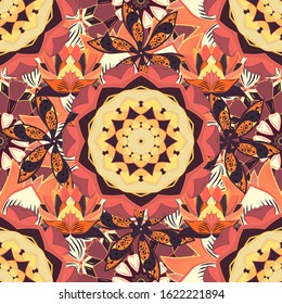Vector Round Ornament Pattern. Spiritual and ritual symbol of Islam, Arabic, Indian religions. Geometric circle element in glod colors. Mandala on orange, beige and pink colors.