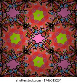 Vector Round Ornament Pattern. Spiritual and ritual symbol of Islam, Arabic, Indian religions. Geometric circle element in glod colors. Mandala on black, pink and orange colors.