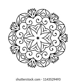 Vector round ornamental contour mandala frame. Perfect for logo, oriental decoration, coloring books. Indian, Islam, Arabic motifs. Vector hand drawn illustration.