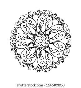 Vector round ornamental contour mandala frame. Perfect for logo, oriental decoration, coloring books. Indian, Islam, Arabic motifs. Vector hand drawn illustration.