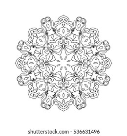 Vector round ornamental contour mandala frame. Perfect for logo, oriental decoration, coloring books. Indian, Islam, Arabic motifs. Vector hand drawn illustration.