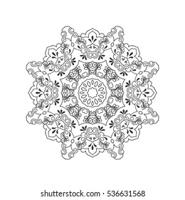 Vector round ornamental contour mandala frame. Perfect for logo, oriental decoration, coloring books. Indian, Islam, Arabic motifs. Vector hand drawn illustration.