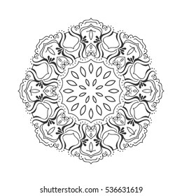 Vector round ornamental contour mandala frame. Perfect for logo, oriental decoration, coloring books. Indian, Islam, Arabic motifs. Vector hand drawn illustration.