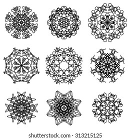 Vector Round Ornamental Geometric  Pattern. Silhouettes of Snow Flakes