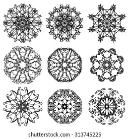 Vector Round Ornamental Geometric Pattern. Silhouettes of Snow Flakes