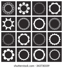 Vector round ornaments, baroque doodle frames collection. Logo icon label design elements set. White symbols stylized flowers, mandala patterns.  Abstract geometric shapes.