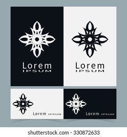 Vector round ornaments collection, business cards set. Logo icon label design elements. Black symbols stylized flowers. Abstract geometric floral shapes, line art.