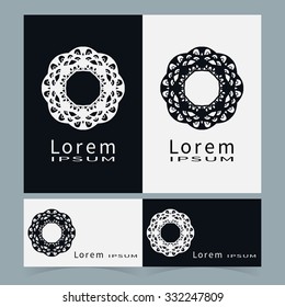Vector round ornaments collection, business cards set. Logo icon label design elements. Black symbols stylized flowers. Abstract geometric floral shapes, line art.