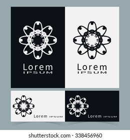 Vector round ornaments collection, business cards set. Logo icon label design elements. Black symbols stylized flowers. Abstract geometric floral shapes, line art.