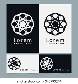 Vector round ornaments collection, business cards set. Logo icon label design elements. Black symbols stylized flowers. Abstract geometric floral shapes, line art.