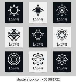 Vector round ornaments collection, logo icon label design elements set. Black and white symbols stylized flowers. Abstract geometric floral shapes, line art.