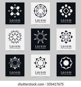 Vector round ornaments collection, logo icon label design elements set. Black and white symbols stylized flowers. Abstract geometric floral shapes, line art.