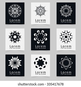 Vector round ornaments collection, logo icon label design elements set. Black and white symbols stylized flowers. Abstract geometric floral shapes, line art.