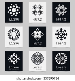 Vector round ornaments collection, logo icon label design elements set. Black and white symbols stylized flowers. Abstract geometric floral shapes, line art.