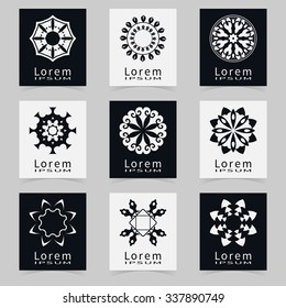 Vector round ornaments collection, logo icon label design elements set. Black and white symbols stylized flowers. Abstract geometric floral shapes, line art.